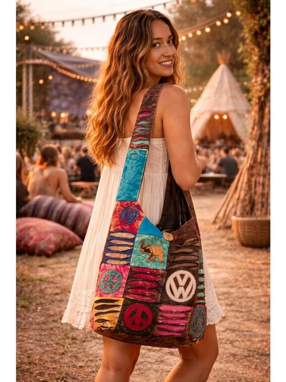 Colorful Boho Shoulder Bag for Women - Sling Slouchy Hippie Style (Peace)